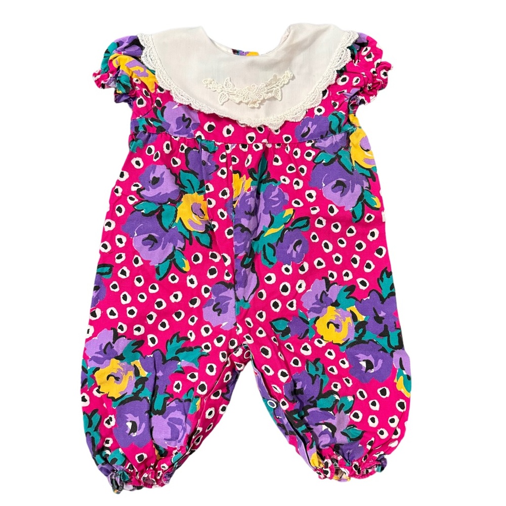 Vintage JoLene Dress Pink‎ Polkadot Floral Jumpsuit Cottagecore USA Size 6/9M